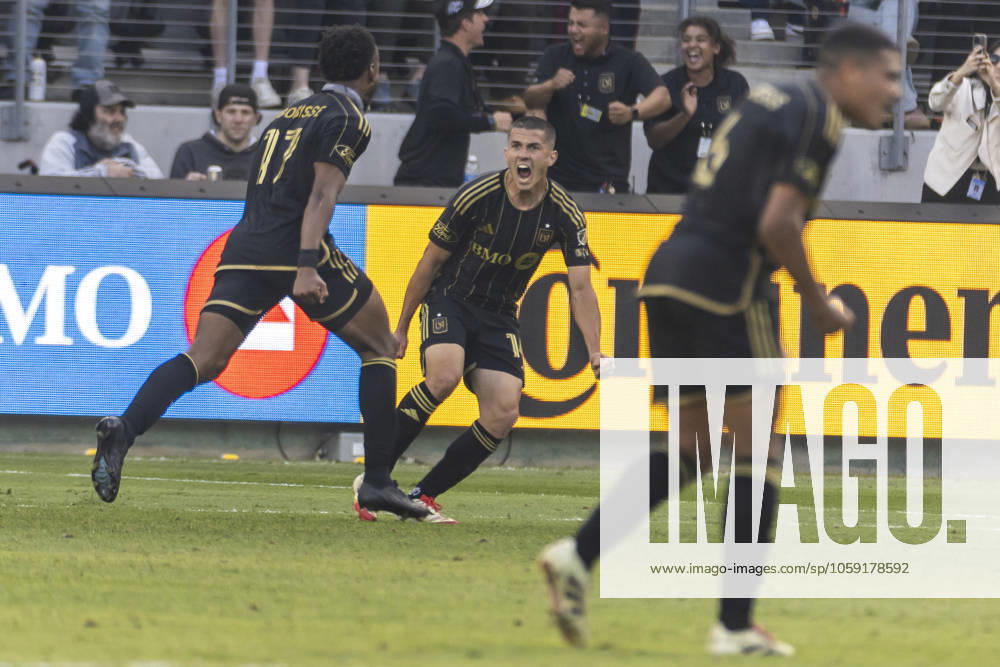 Los Angeles FC s Jeremy Ebobisse 17 celebrates with Sergi Palencia 14 after scoring against the Minnesota United FC during an MLS, Fussball Herren, USA soccer match at BMO Stadium. Final score; Los Angeles FC 1:0 Minnesota United FC Los Angeles United States - ZUMAs197 20250222_aaa_s197_315