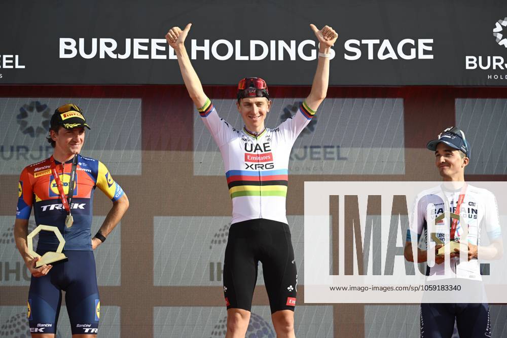 KW08 UAE Tour 2025 - Stage 7 AL AID, UNITED ARAB EMIRATES - FEBRUARY 23 : Ciccone Giulio (ITA) of Lidl-Trek, Pogacar Tadej (SLO) of UAE Team Emirates and Bilbao Lopez de Armentia Pello (ESP) of Bahrain Victorious pictured during the podium ceremony of Stage 7 of the UAE Tour 2025 cycling race with start in Al Ain Hazza Bin Zayed Stadium and finish in Jebel Hafeet (176 km) on February 23, 2025 in Al Aid, United Arab Emirates, 23 02 2025 Al Aid United Arab Emirates