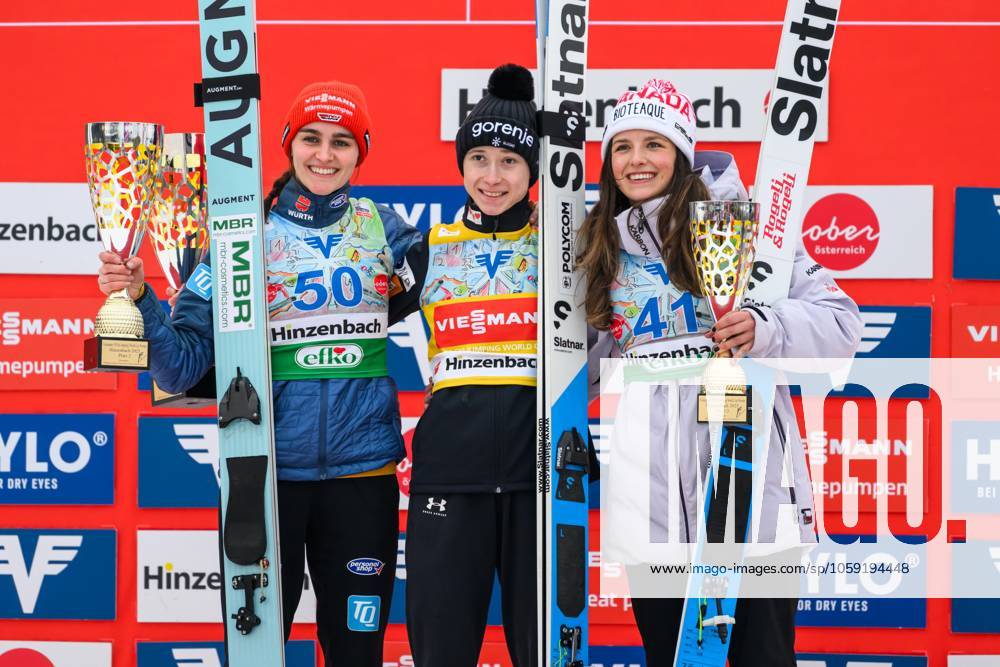 KW08 Ski jumping, Skispringen, Ski, nordisch - FIS WC Hinzenbach HINZENBACH,AUSTRIA,23.FEB.25 - NORDIC SKIING, SKI JUMPING - FIS World Cup, normal hill, ladies. Image shows Selina Freitag (GER), Nika Prevc (SLO) and Abigail Strate (CAN). GEPAxpictures xChristianxMoser