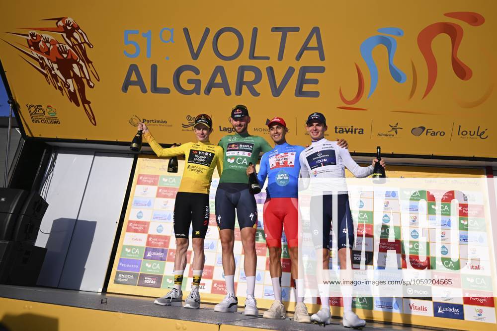2025 Volta Algarve cycling race - Stage 5 MALHAO, PORTUGAL - FEBRUARY 23 : Vingegaard Jonas (DEN) of Team Visma I Lease a Bike, Meeus Jordi (BEL) of Red Bull - Bora - Hansgrohe, Tivani Nicolas (BEL) of Aviludo-Louletano-Loule, Gregoire Romain (FRA) of Groupama-FDJ pictured during the podium ceremony of stage 5, an individual time trial, of the 51th edition of the Volta Algarve cycling race, with start in Salir and finish in Malhao on February 23, 2025 in Malhao, Portugal, 23 02 2025 ( Motordriver Kenny Verfaillie - Malhao Portugal