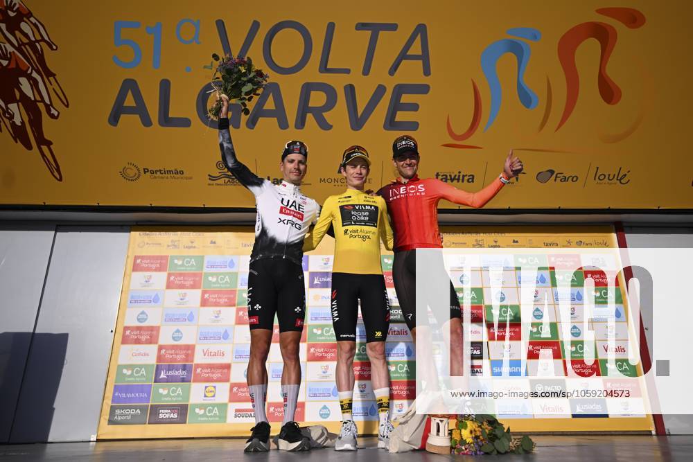 2025 Volta Algarve cycling race - Stage 5 MALHAO, PORTUGAL - FEBRUARY 23 : Almeida Joao (POR) of UAE Team Emirates, Vingegaard Jonas (DEN) of Team Visma I Lease a Bike, De Plus Laurens (BEL) of Ineos Grenadiers pictured during the podium ceremony of stage 5, an individual time trial, of the 51th edition of the Volta Algarve cycling race, with start in Salir and finish in Malhao on February 23, 2025 in Malhao, Portugal, 23 02 2025 ( Motordriver Kenny Verfaillie - Malhao Portugal