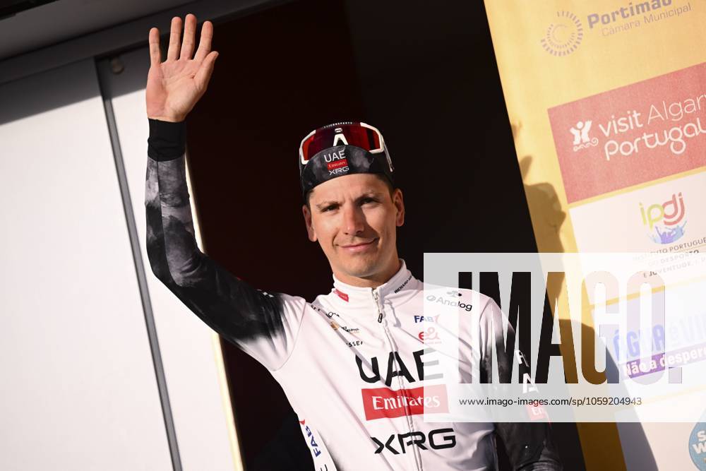 2025 Volta Algarve cycling race - Stage 5 MALHAO, PORTUGAL - FEBRUARY 23 : Almeida Joao (POR) of UAE Team Emirates pictured during the podium ceremony of stage 5, an individual time trial, of the 51th edition of the Volta Algarve cycling race, with start in Salir and finish in Malhao on February 23, 2025 in Malhao, Portugal, 23 02 2025 ( Motordriver Kenny Verfaillie - Malhao Portugal