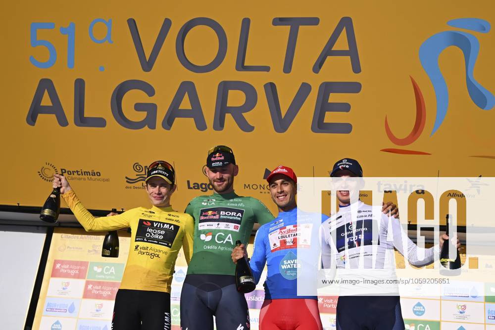 2025 Volta Algarve cycling race - Stage 5 MALHAO, PORTUGAL - FEBRUARY 23 : Vingegaard Jonas (DEN) of Team Visma I Lease a Bike, Meeus Jordi (BEL) of Red Bull - Bora - Hansgrohe, Tivani Nicolas (BEL) of Aviludo-Louletano-Loule, Gregoire Romain (FRA) of Groupama-FDJ pictured during the podium ceremony of stage 5, an individual time trial, of the 51th edition of the Volta Algarve cycling race, with start in Salir and finish in Malhao on February 23, 2025 in Malhao, Portugal, 23 02 2025 ( Motordriver Kenny Verfaillie - Malhao Portugal