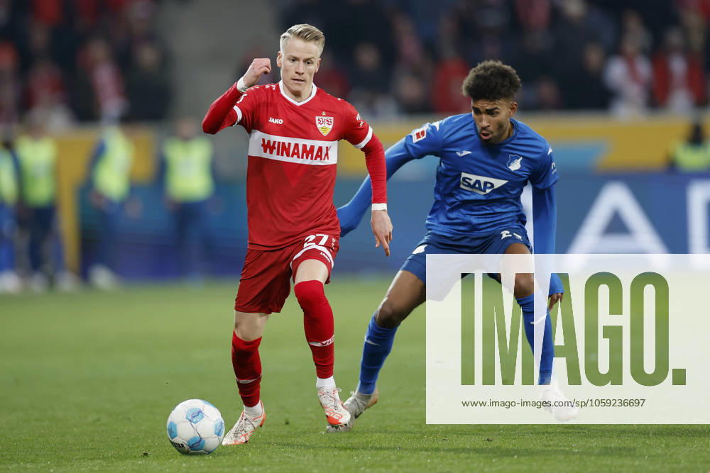 In the picture from l Chris Fuehrich VFB Stuttgart, 27 and Kevin Akpoguma TSG Hoffenheim, 25 , 23 02 2025, Football, Bundesliga, TSG Hoffenheim VfB Stuttgart, GER, Sinsheim, PreZero Arena, DFL REGULATIONS PROHIBIT ANY USE OF PHOTOGRAPHS AS IMAGE SEQUENCES AND OR QUASI VIDEO