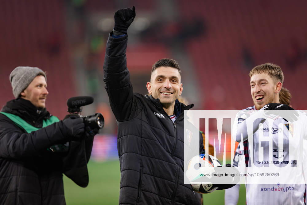 Polish PKO BP Ekstraklasa League, Widzew Lodz Vs Pogon Szczecin in Lodz, Poland - 22 February 2025 Eftimis Kuluris (Efthymios Koulouris) of Pogon celebrates a win during the Polish PKO BP Ekstraklasa League match between Widzew Lodz and Pogon Szczecin at Widzew Lodz Municipal Stadium.