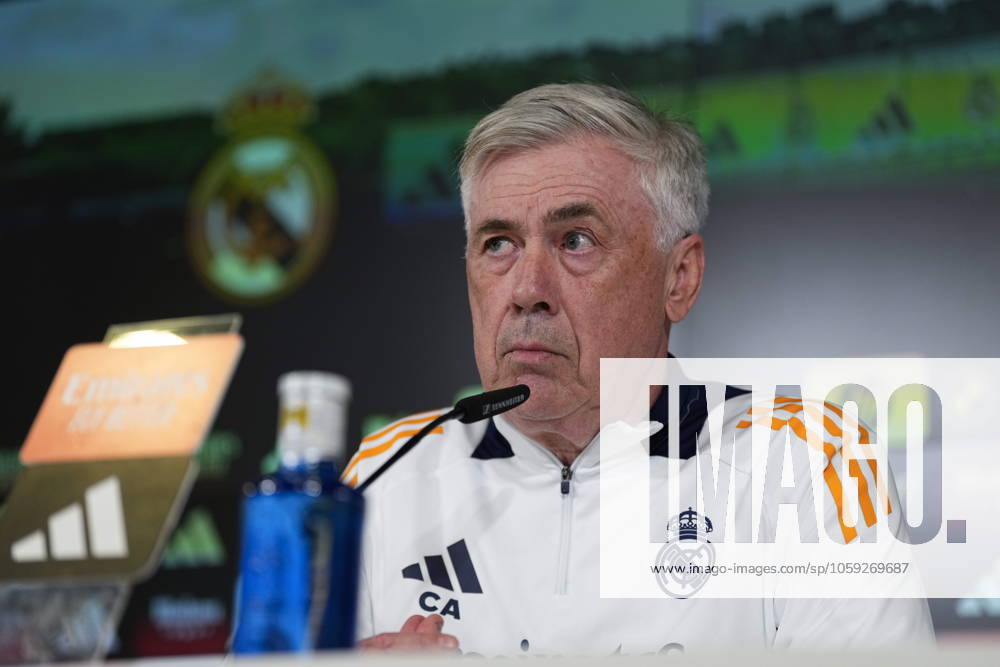 Carlo Ancelotti attends his press conference, PK, Pressekonferenz during the training day of Real Madrid ahead the Spanish Cup, Copa del Rey, football match against Real Sociedad at Ciudad Deportiva Real Madrid on February 25, 2024, in Valdebebas, Madrid, Spain. Valdebebas SPAIN - ZUMArain 20250225_zaa_a181_036