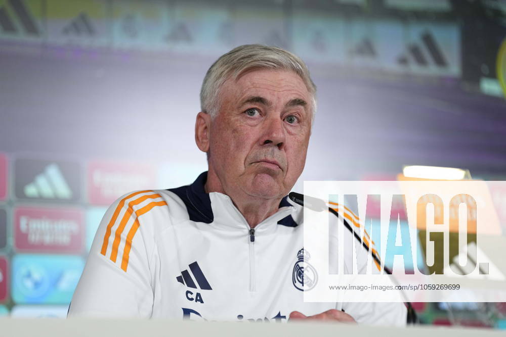 Carlo Ancelotti attends his press conference, PK, Pressekonferenz during the training day of Real Madrid ahead the Spanish Cup, Copa del Rey, football match against Real Sociedad at Ciudad Deportiva Real Madrid on February 25, 2024, in Valdebebas, Madrid, Spain. Valdebebas SPAIN - ZUMArain 20250225_zaa_a181_035