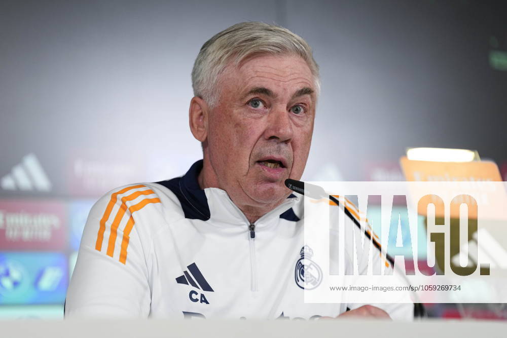 Carlo Ancelotti attends his press conference, PK, Pressekonferenz during the training day of Real Madrid ahead the Spanish Cup, Copa del Rey, football match against Real Sociedad at Ciudad Deportiva Real Madrid on February 25, 2024, in Valdebebas, Madrid, Spain. Valdebebas SPAIN - ZUMArain 20250225_zaa_a181_038