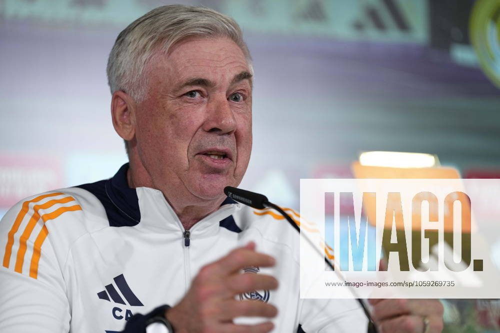 Carlo Ancelotti attends his press conference, PK, Pressekonferenz during the training day of Real Madrid ahead the Spanish Cup, Copa del Rey, football match against Real Sociedad at Ciudad Deportiva Real Madrid on February 25, 2024, in Valdebebas, Madrid, Spain. Valdebebas SPAIN - ZUMArain 20250225_zaa_a181_039