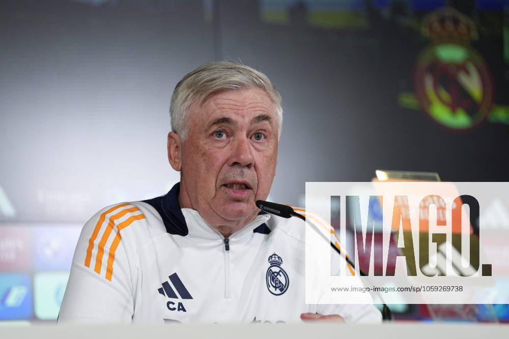 Carlo Ancelotti attends his press conference, PK, Pressekonferenz during the training day of Real Madrid ahead the Spanish Cup, Copa del Rey, football match against Real Sociedad at Ciudad Deportiva Real Madrid on February 25, 2024, in Valdebebas, Madrid, Spain. Valdebebas SPAIN - ZUMArain 20250225_zaa_a181_030