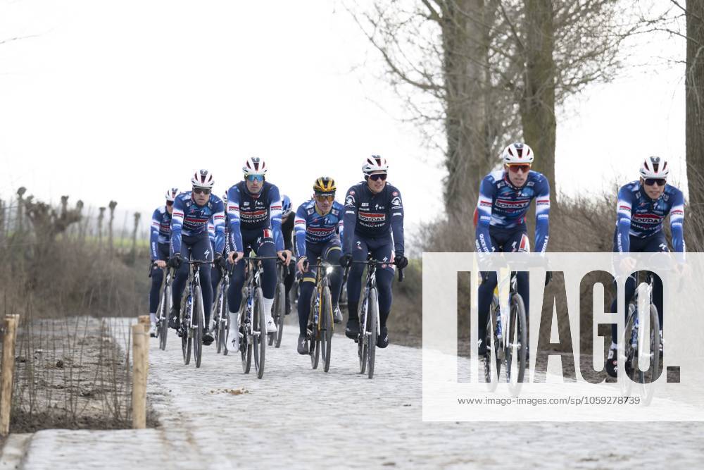 Flanders Classics opening weekend 2025 - training session 26 02 2025 GENT, BELGIUM - FEBRUARY 26 : Evenepoel Remco (BEL) of Soudal - Quick Step, Lampaert Yves (BEL) of Soudal - Quick Step and teammates pictured during a training session ahead of the Flanders Classics opening weekend with Omloop Het Nieuwsblad and Kuurne Brussel Kuurne on February 26, 2025 in Gent, Belgium, 26 02 2025 Gent Belgium