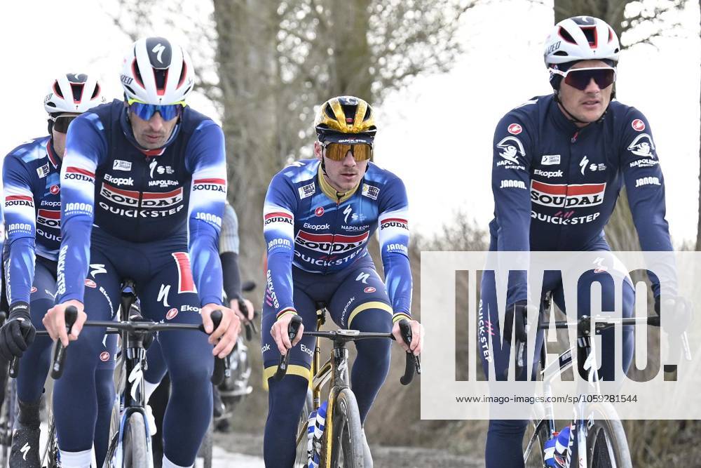 Flanders Classics opening weekend 2025 - training session 26 02 2025 GENT, BELGIUM - FEBRUARY 26 : Cattaneo Mattia (ITA) of Soudal - Quick Step, Evenepoel Remco (BEL) of Soudal - Quick Step and Lampaert Yves (BEL) of Soudal - Quick Step pictured during a during a training session ahead of the Flanders Classics opening weekend with Omloop Het Nieuwsblad and Kuurne Brussel Kuurne on February 26, 2025 in Gent, Belgium, 26 02 2025 Gent Belgium