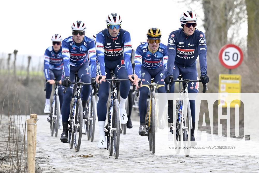 Flanders Classics opening weekend 2025 - training session 26 02 2025 GENT, BELGIUM - FEBRUARY 26 : Cattaneo Mattia (ITA) of Soudal - Quick Step, Evenepoel Remco (BEL) of Soudal - Quick Step and Lampaert Yves (BEL) of Soudal - Quick Step pictured at the Eikenberg during a during a training session ahead of the Flanders Classics opening weekend with Omloop Het Nieuwsblad and Kuurne Brussel Kuurne on February 26, 2025 in Gent, Belgium, 26 02 2025 Gent Belgium