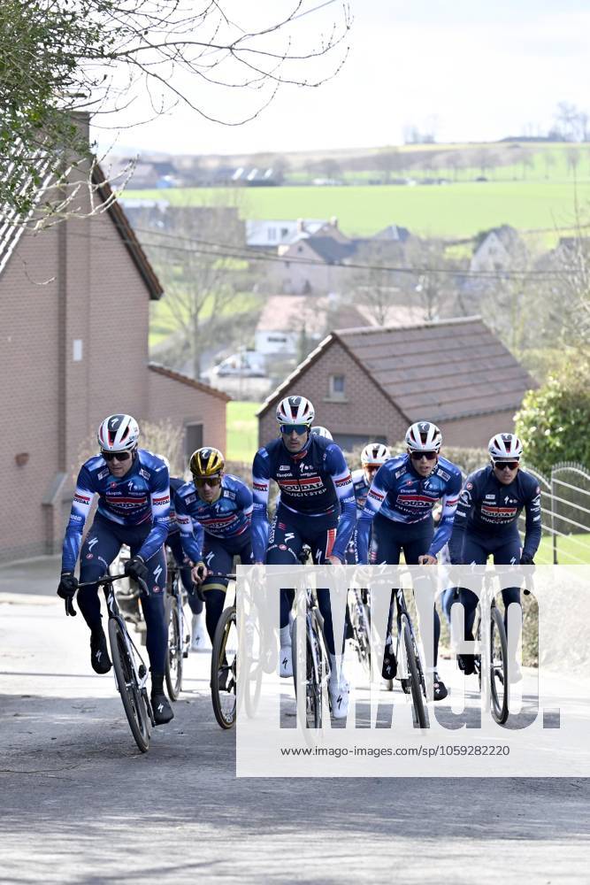 Flanders Classics opening weekend 2025 - training session 26 02 2025 GENT, BELGIUM - FEBRUARY 26 : riders of Soudal - Quick Step pictured at the Leberg during a during a training session ahead of the Flanders Classics opening weekend with Omloop Het Nieuwsblad and Kuurne Brussel Kuurne on February 26, 2025 in Gent, Belgium, 26 02 2025 Gent Belgium