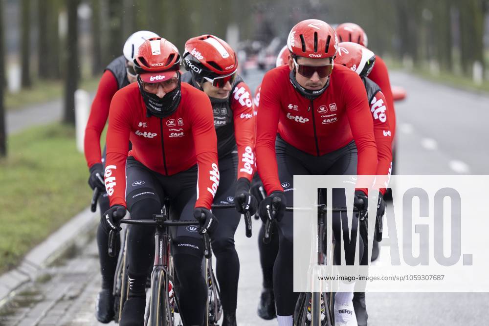 Flanders Classics opening weekend 2025 - training session 27 02 2025 GENT, BELGIUM - FEBRUARY 27 : riders of Lotto pictured during a training session ahead of the Flanders Classics opening weekend with Omloop Het Nieuwsblad and Kuurne Brussel Kuurne on February 27, 2025 in Gent, Belgium, 27 02 2025 Gent Belgium