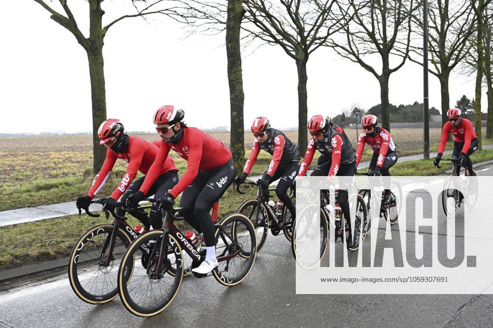 Flanders Classics opening weekend 2025 - training session 27 02 2025 GENT, BELGIUM - FEBRUARY 27 : riders of Lotto pictured during a training session ahead of the Flanders Classics opening weekend with Omloop Het Nieuwsblad and Kuurne Brussel Kuurne on February 27, 2025 in Gent, Belgium, 27 02 2025 Gent Belgium