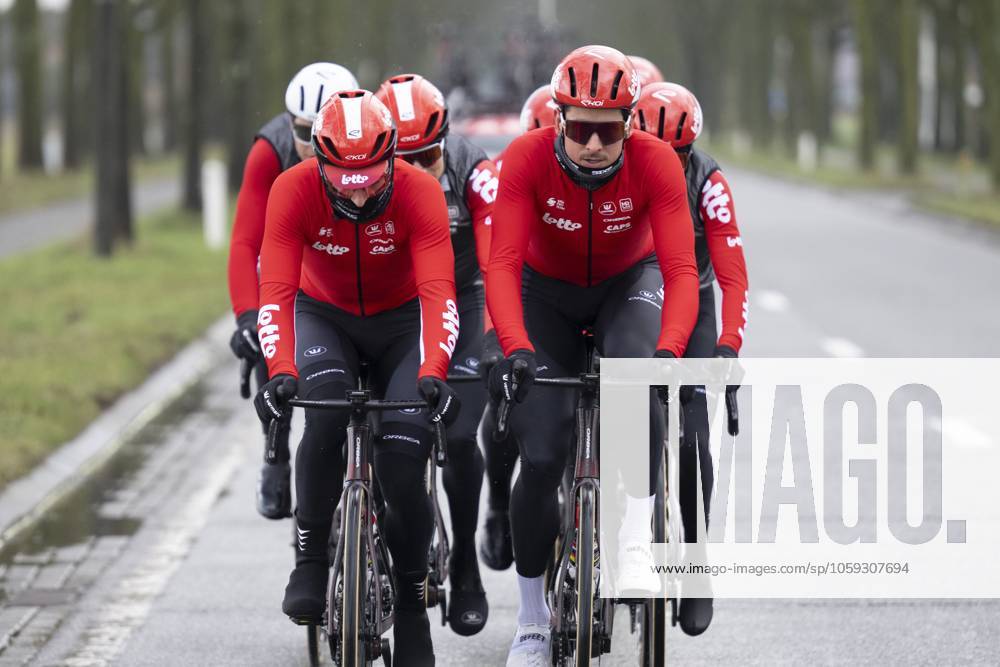 Flanders Classics opening weekend 2025 - training session 27 02 2025 GENT, BELGIUM - FEBRUARY 27 : riders of Lotto pictured during a training session ahead of the Flanders Classics opening weekend with Omloop Het Nieuwsblad and Kuurne Brussel Kuurne on February 27, 2025 in Gent, Belgium, 27 02 2025 Gent Belgium