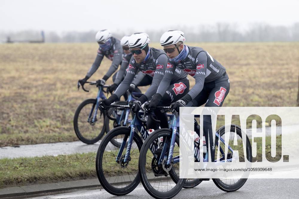 Flanders Classics opening weekend 2025 - training session 27 02 2025 GENT, BELGIUM - FEBRUARY 27 : riders of Alpecin-Deceuninck pictured during a training session ahead of the Flanders Classics opening weekend with Omloop Het Nieuwsblad and Kuurne Brussel Kuurne on February 27, 2025 in Gent, Belgium, 27 02 2025 Gent Belgium