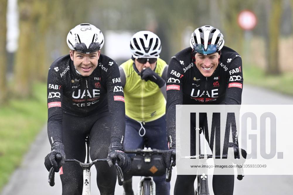 Flanders Classics opening weekend 2025 - training session 27 02 2025 GENT, BELGIUM - FEBRUARY 27 : Vermeersch Florian (BEL) of UAE Team Emirates - XRG and Politt Nils (GER) of UAE Team Emirates - XRG pictured during a training session ahead of the Flanders Classics opening weekend with Omloop Het Nieuwsblad and Kuurne Brussel Kuurne on February 27, 2025 in Gent, Belgium, 27 02 2025 Gent Belgium