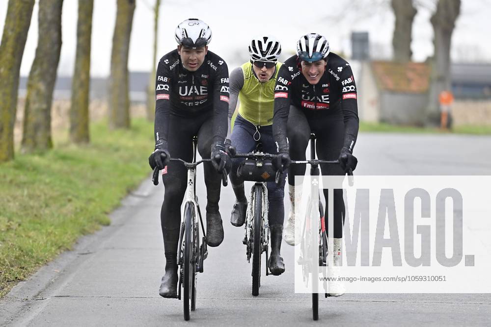 Flanders Classics opening weekend 2025 - training session 27 02 2025 GENT, BELGIUM - FEBRUARY 27 : Vermeersch Florian (BEL) of UAE Team Emirates - XRG and Politt Nils (GER) of UAE Team Emirates - XRG pictured during a training session ahead of the Flanders Classics opening weekend with Omloop Het Nieuwsblad and Kuurne Brussel Kuurne on February 27, 2025 in Gent, Belgium, 27 02 2025 Gent Belgium