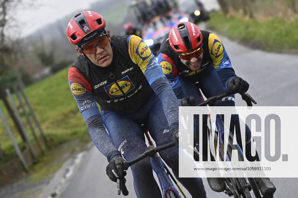 Flanders Classics opening weekend 2025 - training session 27 02 2025 GENT, BELGIUM - FEBRUARY 27 : Stuyven Jasper (BEL) of Lidl - Trek and Theuns Edward (BEL) of Lidl - Trek pictured during a training session ahead of the Flanders Classics opening weekend with Omloop Het Nieuwsblad and Kuurne Brussel Kuurne on February 27, 2025 in Gent, Belgium, 27 02 2025 Gent Belgium