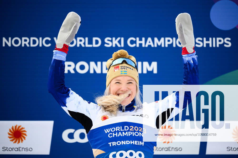 Jonna Sundling of Sweden celebrates on the podium after the women s free technique sprint final during day 2 of the 2025 FIS Nordic Ski World Championships on February 27, 2025 in Trondheim Photo Maxim Thore BILDBYRAN kod MT MT0760 skidor cross country skiing langrenn skid vm 2025 sprint 2025 fis nordic ski world championships day 2 dam bbeng jubel sverige vm guld guld