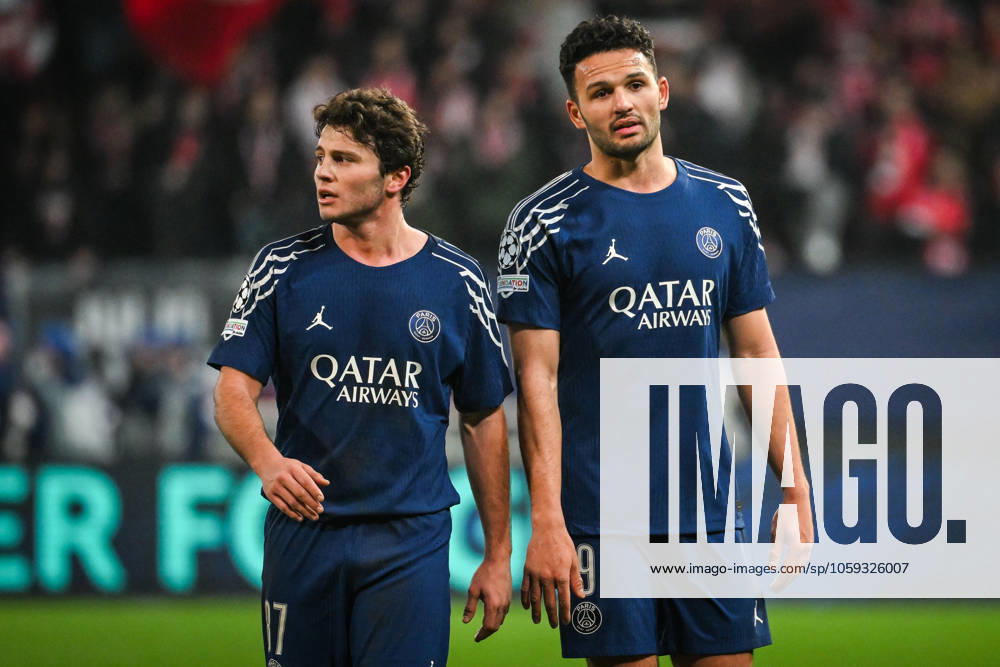 Joao NEVES of PSG and Goncalo RAMOS of PSG during the UEFA Champions League match between Stade Brestois (Brest) Paris Saint-Germain (PSG) at Roudourou Stadium on February 11, 2025 in Guingamp, France. Guingamp France - ZUMAm308 20250211_zsp_m308_080