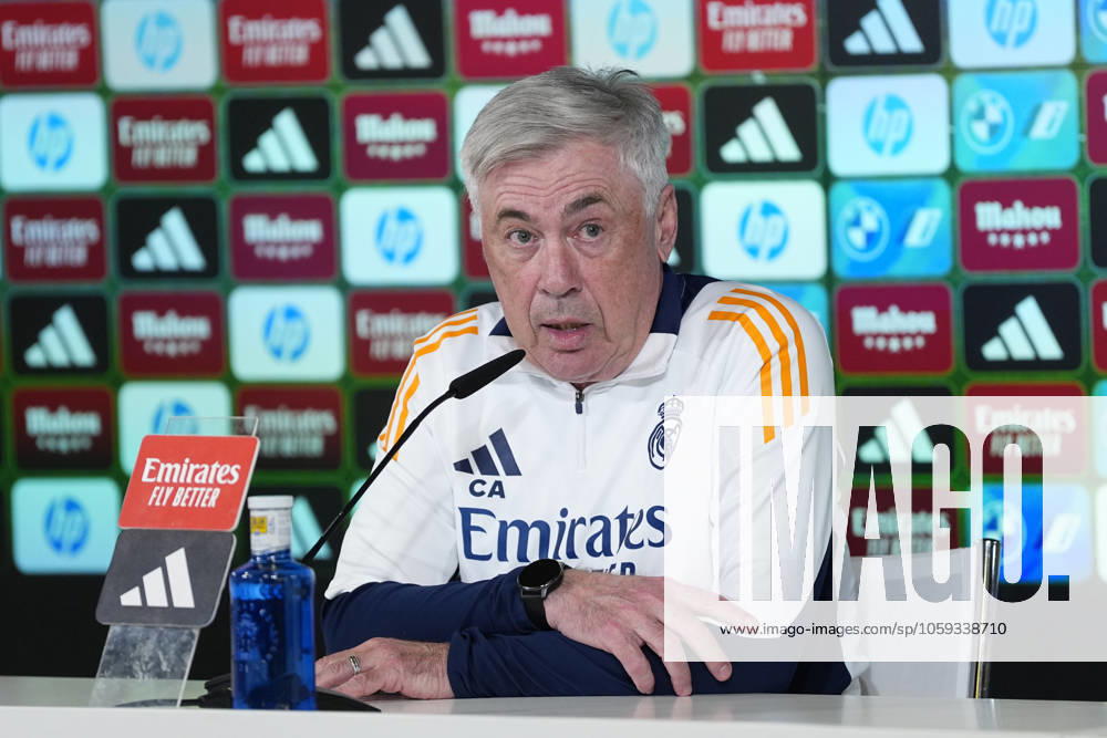 Carlo Ancelotti, head coach of Real Madrid, attends his press conference, PK, Pressekonferenz during the training day of Real Madrid ahead the Spanish League, LaLiga EA Sports, football match against Real Betis Balompie at Ciudad Deportiva Real Madrid on February 28, 2025, in Valdebebas, Madrid, Spain. Valdebebas SPAIN - ZUMAa181 20250228_zaa_a181_038