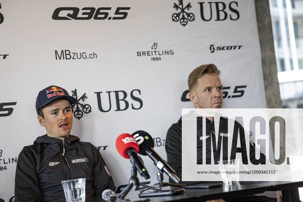 British Tom Pidcock of Q36.5 Pro Cycling Team and Q36.5 Pro Cycling Team sports director Kurt Bogaerts pictured during a press conference, PK, Pressekonferenz of Q36.5 Pro Cycling Team, Friday 28 February 2025, in Waregem, ahead of this weekend s one-day cycling race Omloop Het Nieuwsblad, opening race of the Flemish classic one day races season. DAVIDxPINTENS x113664180x
