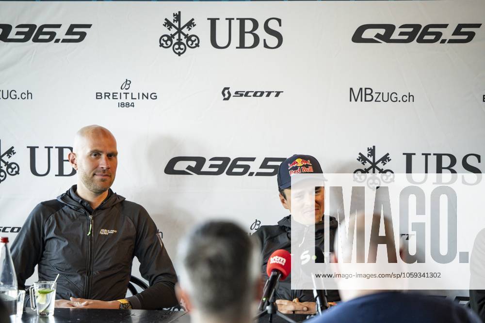 Belgian Frederik Frison of Q36.5 Pro Cycling Team and British Tom Pidcock of Q36.5 Pro Cycling Team pictured during a press conference, PK, Pressekonferenz of Q36.5 Pro Cycling Team, Friday 28 February 2025, in Waregem, ahead of this weekend s one-day cycling race Omloop Het Nieuwsblad, opening race of the Flemish classic one day races season. DAVIDxPINTENS x113665539x