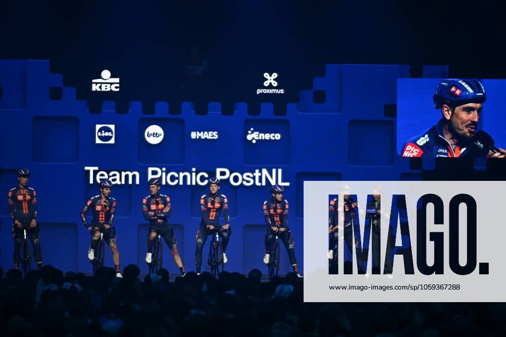 Team Picnic PostNL riders pictured at the team presentation of the 80th edition of the men s one-day cycling race Omloop Het Nieuwsblad (UCI World Tour), 197km from Gent to Ninove, Saturday 01 March 2025. DIRKxWAEM x113804854x
