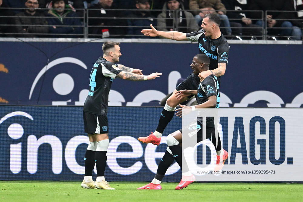 Soccer 1 Bundesliga 24 Matchday Eintracht Frankfurt Bayer 04 Leverkusen on 01 03 2025 at Deutsche Bank Park in Frankfurt Goal celebration to 0 2 by Nordi Mukiele Leverkusen DFL regulations prohibit any use of photographs as image sequences and or quasi video