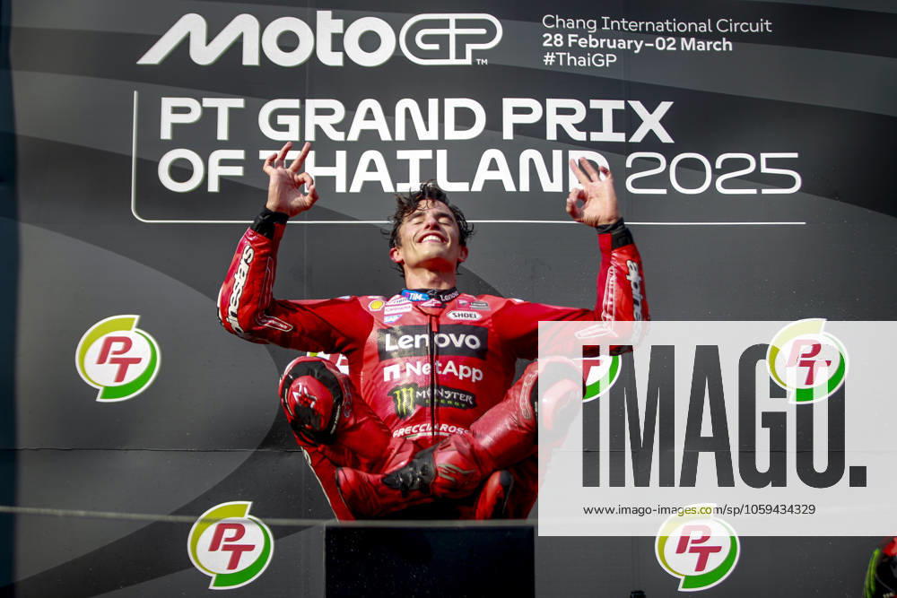 KW09 PT MotoGP of Thailand Spanish MotoGP rider Marc Marquez of Ducati Lenovo reacts on the podium after winning the PT Grand Prix of Thailand 2025 at the Chang Circuit in Buriram, Thailand, March 02 2025. Buriram Thailand