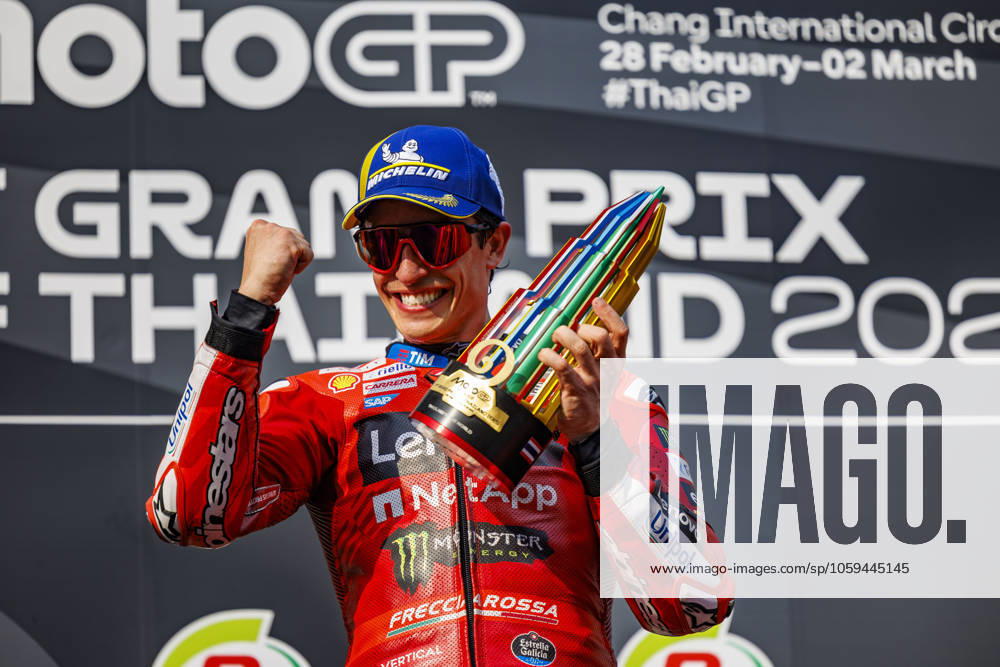 2nd March 2025; Chang International Circuit, Buriram, Thailand; 2025 MotoGP PT Grand Prix of Thailand, Race Day; Number 93 Ducati Lenovo Team rider Marc Marquez on the podium after the race at the Thailand MotoGP ActionPlus12756413 StephenxBlackberry
