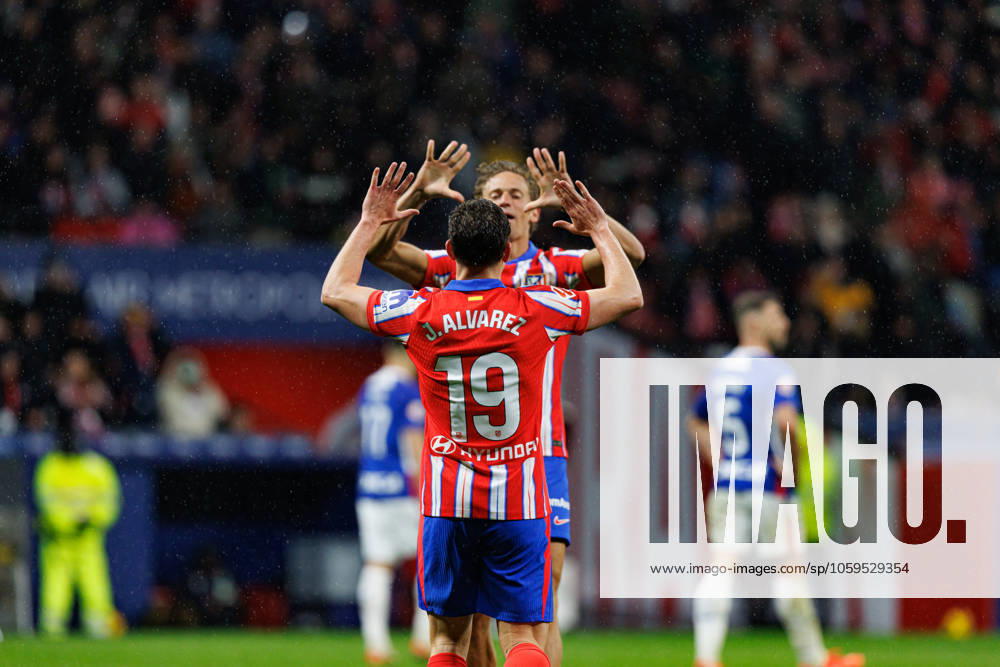 Julian Alvarez seen celebrating after scoring goal during LaLiga EA SPORTS game between teams of Atletico de Madrid and Athletic Club at Estadio Civitas Metropolitano (Maciej Rogowski) Madrid Estadio Civitas Metropolitano Spain