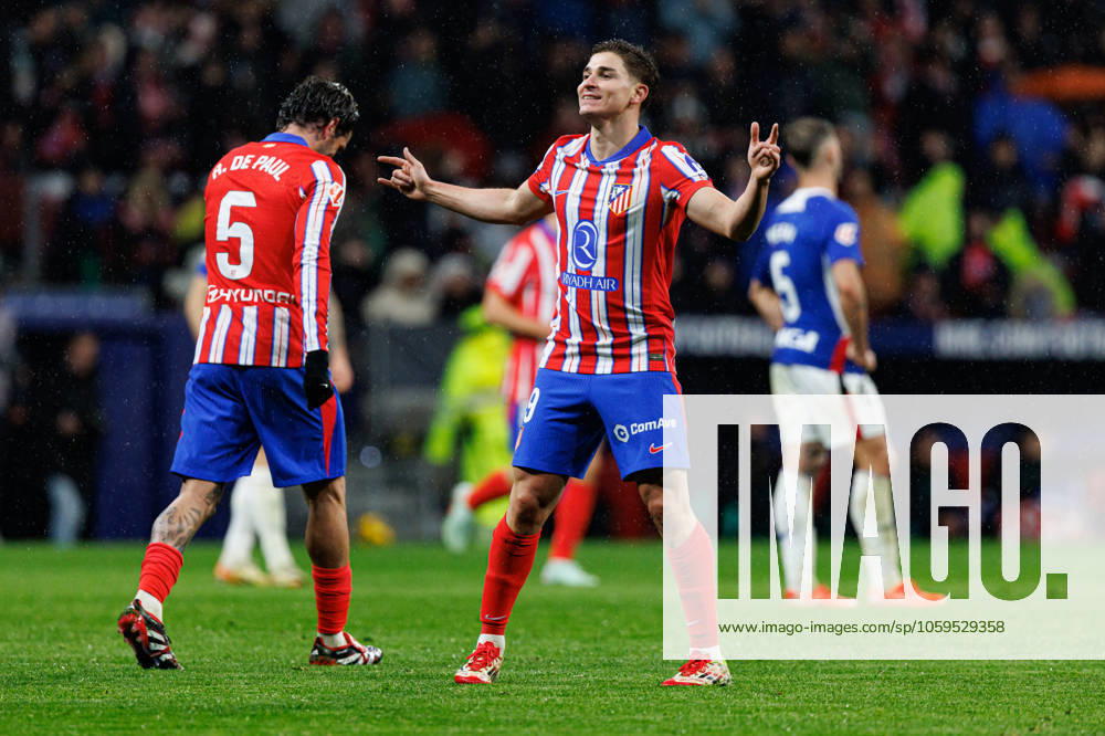 Julian Alvarez seen celebrating after scoring goal during LaLiga EA SPORTS game between teams of Atletico de Madrid and Athletic Club at Estadio Civitas Metropolitano (Maciej Rogowski) Madrid Estadio Civitas Metropolitano Spain