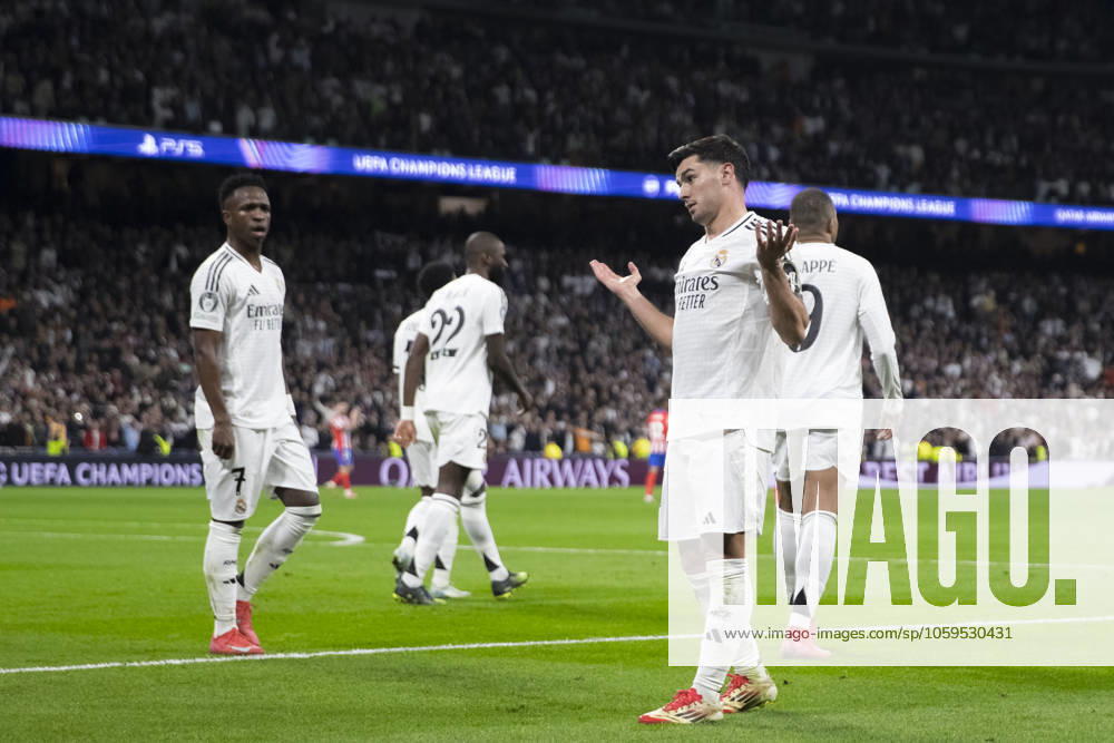 Brahim Diaz of Real Madrid celebrates a goal during the UEFA champions league 2024 25 Round of 16 First Leg match between Real Madrid and Atletico de Madrid at Santiago Bernabeu Stadium. pleasexdontxsendxtoxIMAGO (283763105)