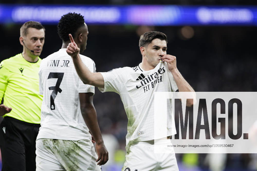 Brahim Diaz of Real Madrid celebrates a goal during the UEFA champions league 2024 25 Round of 16 First Leg match between Real Madrid and Atletico de Madrid at Santiago Bernabeu Stadium. pleasexdontxsendxtoxIMAGO (283763238)