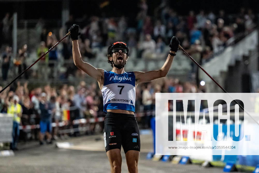 OBERSTDORF, GERMANY FIS Summer Grand Prix Nordic Combined Night Race Compact Large Hill 7.5km on 28 08 2024 in the Orlen Arena in Oberstdorf Johannes Rydzek from Germany cheers at the finish line Bavaria