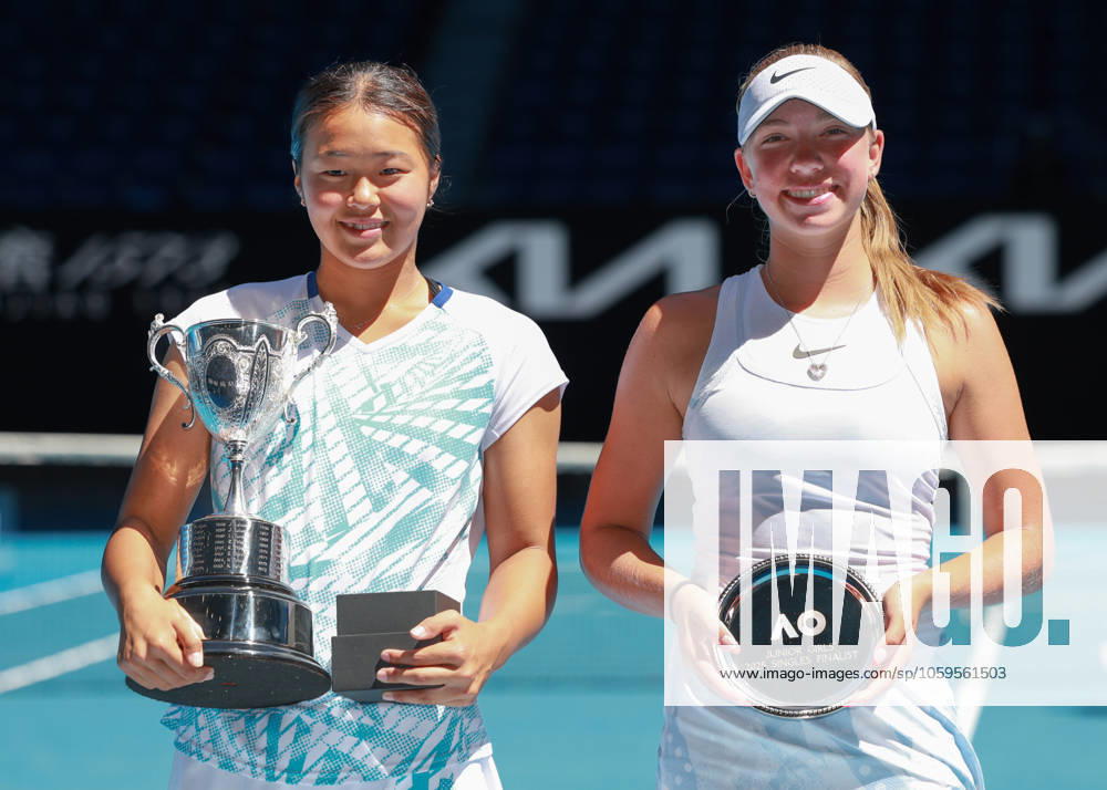 Finalist Kristina Penickova USA and Wakana Sonobe JPN with trophy, trophy ceremony, Presentation, Australian Open 2025, Melbourne Park, Melbourne, Victoria, Australia