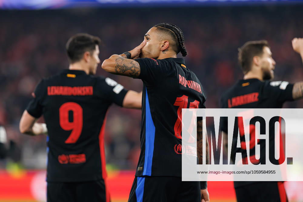 Raphinha seen celebrating after scoring goal during UEFA Champions League Round of 16 game between teams of SL Benfica and FC Barcelona, Barca (Maciej Rogowski) Lisboa Estadio Da Luz Portugal