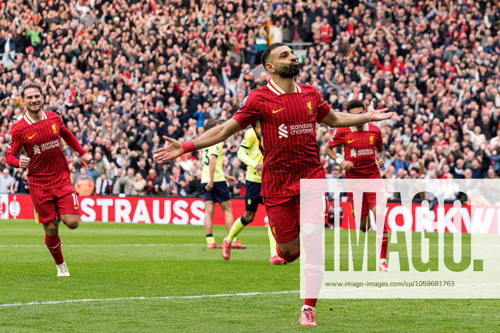 Liverpool FC v Southampton FC - Premier League Mohamed Salah celebrates after scoring his first and Liverpool s second goal from the penalty spot during the Premier League match between Liverpool and Southampton at Anfield in Liverpool, England, on March 8, 2025. Liverpool Merseyside United Kingdom