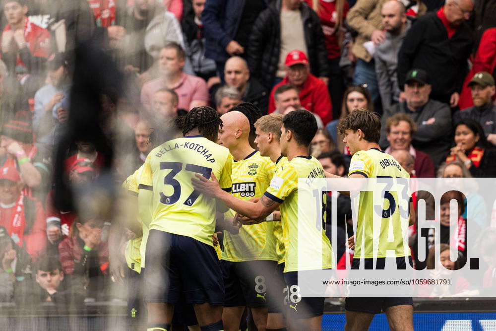 Liverpool FC v Southampton FC - Premier League Will Smallbone of Southampton celebrates with his teammates after scoring their first goal during the Premier League match between Liverpool and Southampton at Anfield in Liverpool, England, on March 8, 2025. Liverpool Merseyside United Kingdom