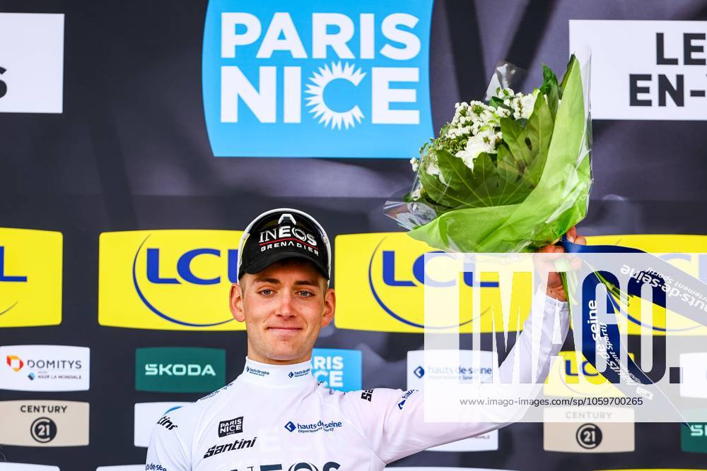 American Magnus Sheffield of Ineos Grenadiers celebrates on the podium in the white jersey for best young rider after the first stage of 83th edition of the Paris-Nice cycling race, from and to Le Perray-en-Yvelines (156,5km), Sunday 09 March 2025. DAVIDxPINTENS x114561545x