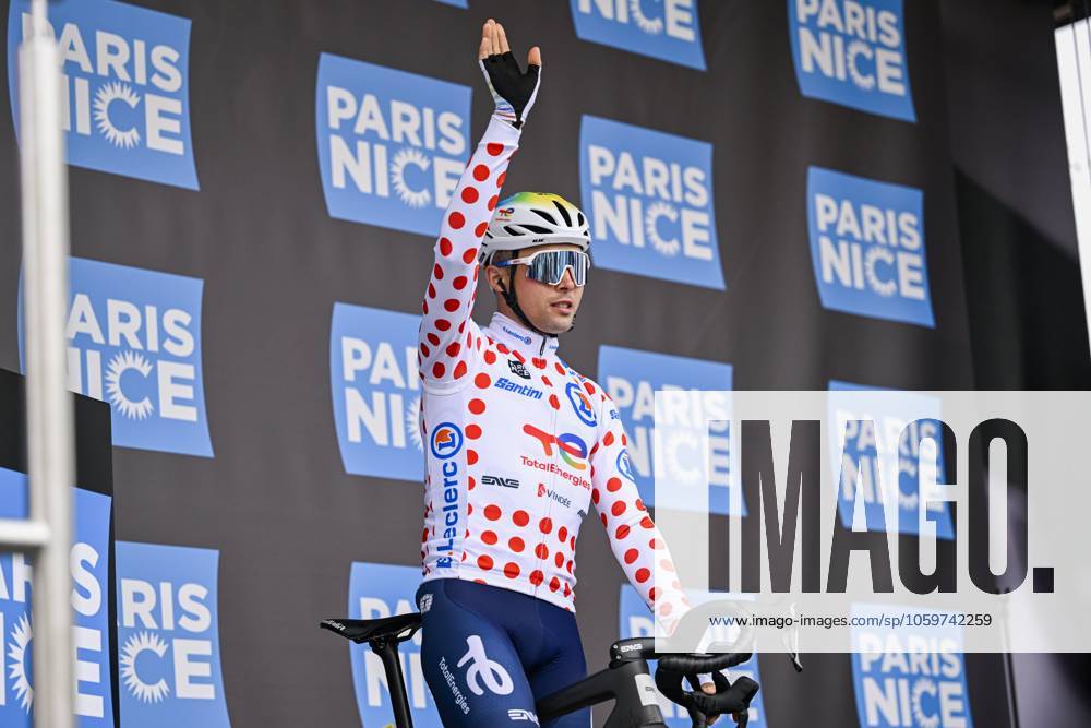Paris - Nice 2025 - stage 2 BELLEGARDE, FRANCE - MARCH 10 : Delettre Alexandre (FRA) of Team Totalenergies on stage before the start of the race during stage 2 of the 83th edition of the Paris - Nice cycling race, a stage of 183,9km with start in Montesson and finish in Bellegarde on March 10, 2025 in Bellegarde, France, 10 03 2025 ( Motordriver Kenny Verfaillie - Bellegarde France