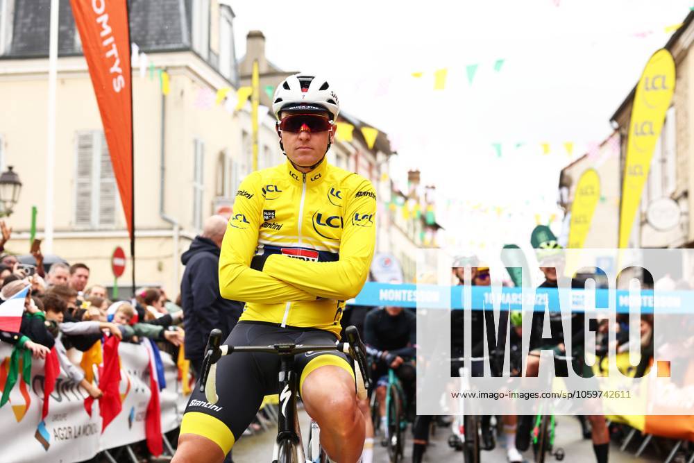 Belgian Tim Merlier of Soudal Quick-Step wearing the yellow jersey of leader in the overall ranking pictured at the start of stage two of the 83th edition of the Paris-Nice cycling race, from Montesson to Bellegarde (183,9 km) in France, Monday 10 March 2025. DAVIDxPINTENS x114605457x