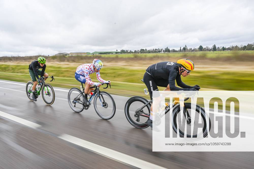 Paris - Nice 2025 - stage 2 BELLEGARDE, FRANCE - MARCH 10 : Abrahamsen Jonas (NOR) of Uno-X Mobility, Delettre Alexandre (FRA) of Team Totalenergies, Fernandez Samuel (ESP) of Caja Rural - Seguros Rga in the escape pack during stage 2 of the 83th edition of the Paris - Nice cycling race, a stage of 183,9km with start in Montesson and finish in Bellegarde on March 10, 2025 in Bellegarde, France, 10 03 2025 ( Motordriver Kenny Verfaillie - Bellegarde France