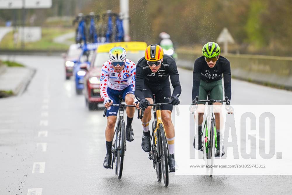 Paris - Nice 2025 - stage 2 BELLEGARDE, FRANCE - MARCH 10 : Fernandez Samuel (ESP) of Caja Rural - Seguros Rga, Abrahamsen Jonas (NOR) of Uno-X Mobility, Delettre Alexandre (FRA) of Team Totalenergies in the escape pack during stage 2 of the 83th edition of the Paris - Nice cycling race, a stage of 183,9km with start in Montesson and finish in Bellegarde on March 10, 2025 in Bellegarde, France, 10 03 2025 ( Motordriver Kenny Verfaillie - Bellegarde France