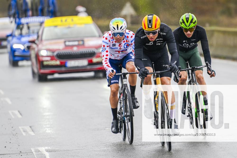 Paris - Nice 2025 - stage 2 BELLEGARDE, FRANCE - MARCH 10 : Fernandez Samuel (ESP) of Caja Rural - Seguros Rga, Abrahamsen Jonas (NOR) of Uno-X Mobility, Delettre Alexandre (FRA) of Team Totalenergies in the escape pack during stage 2 of the 83th edition of the Paris - Nice cycling race, a stage of 183,9km with start in Montesson and finish in Bellegarde on March 10, 2025 in Bellegarde, France, 10 03 2025 ( Motordriver Kenny Verfaillie - Bellegarde France