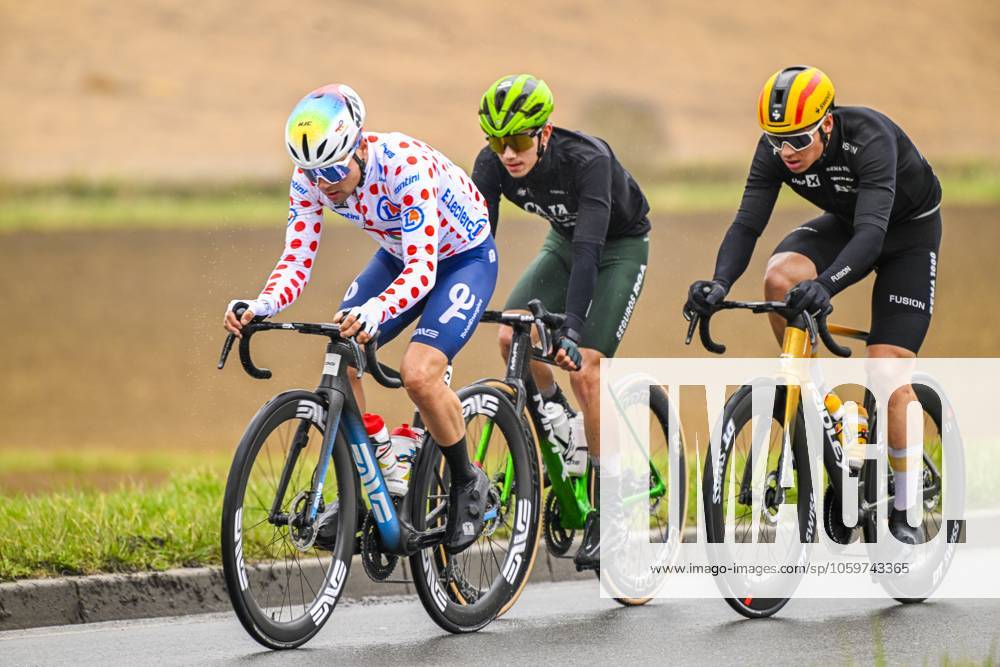 Paris - Nice 2025 - stage 2 BELLEGARDE, FRANCE - MARCH 10 : Fernandez Samuel (ESP) of Caja Rural - Seguros Rga, Abrahamsen Jonas (NOR) of Uno-X Mobility, Delettre Alexandre (FRA) of Team Totalenergies in the escape pack during stage 2 of the 83th edition of the Paris - Nice cycling race, a stage of 183,9km with start in Montesson and finish in Bellegarde on March 10, 2025 in Bellegarde, France, 10 03 2025 ( Motordriver Kenny Verfaillie - Bellegarde France